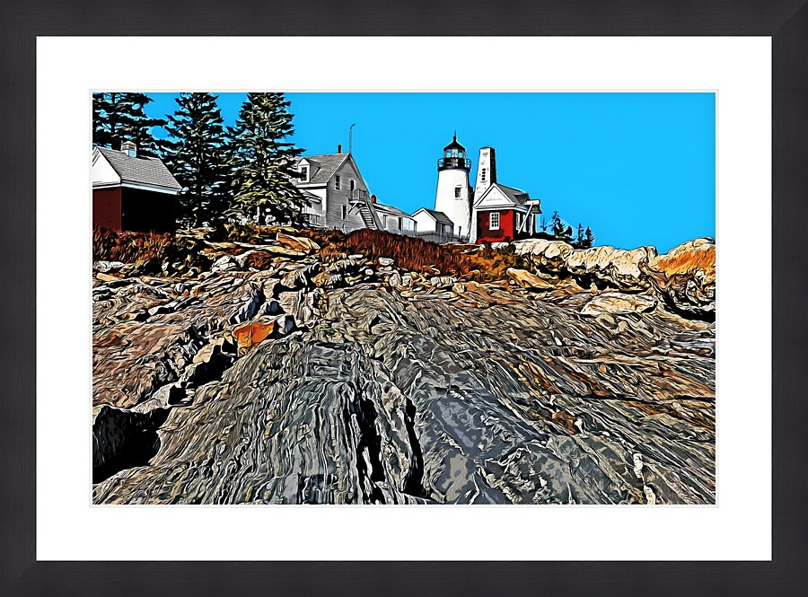 Pemaquid Lighthouse Over Rock Formations in Maine - Illus. Picture Frame print
