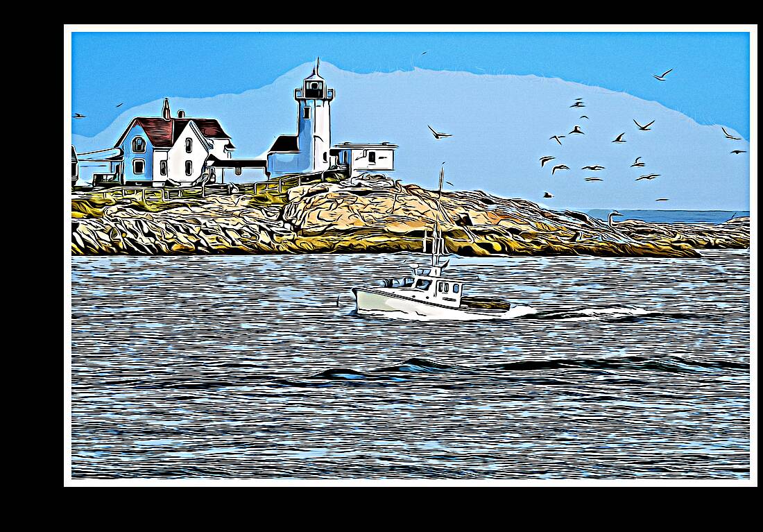 Eastern Point Lighthouse Guides Lobster Boat in Massachusetts - Illus. Reproduction