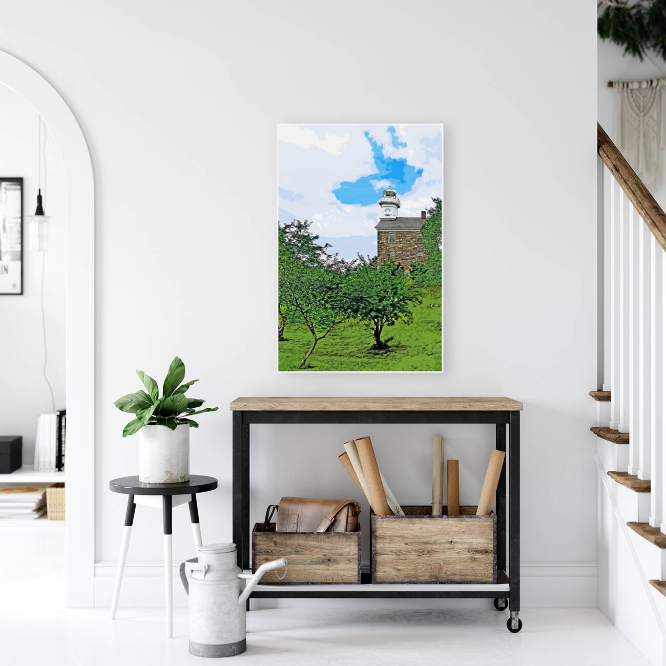 Great Captain Island Lighthouse on Hilltop in Connecticut - Illus. Reproduction