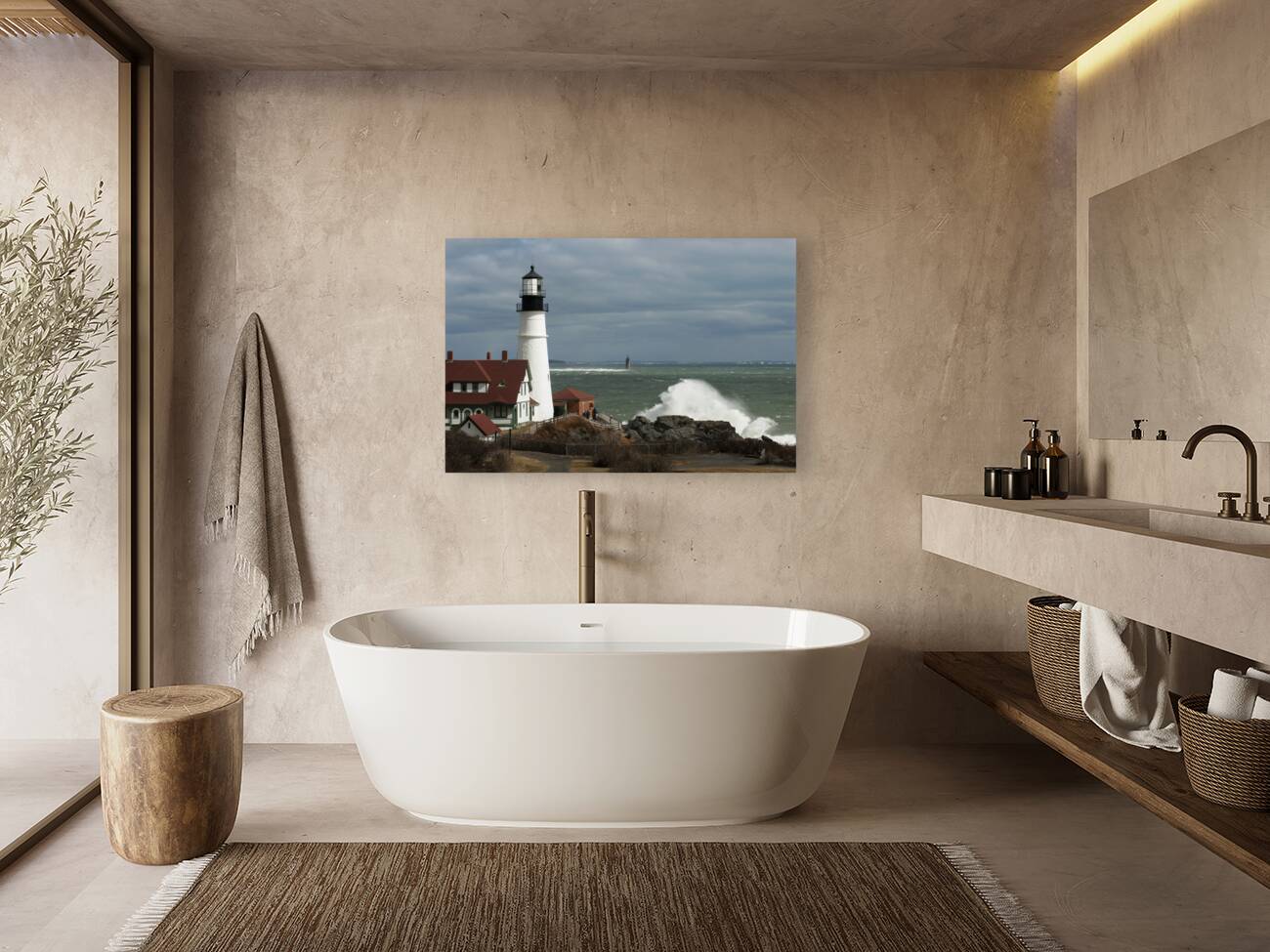 Waves Crash By Portland Head Lighthouse as Sun Breaks Through Clouds Reproduction