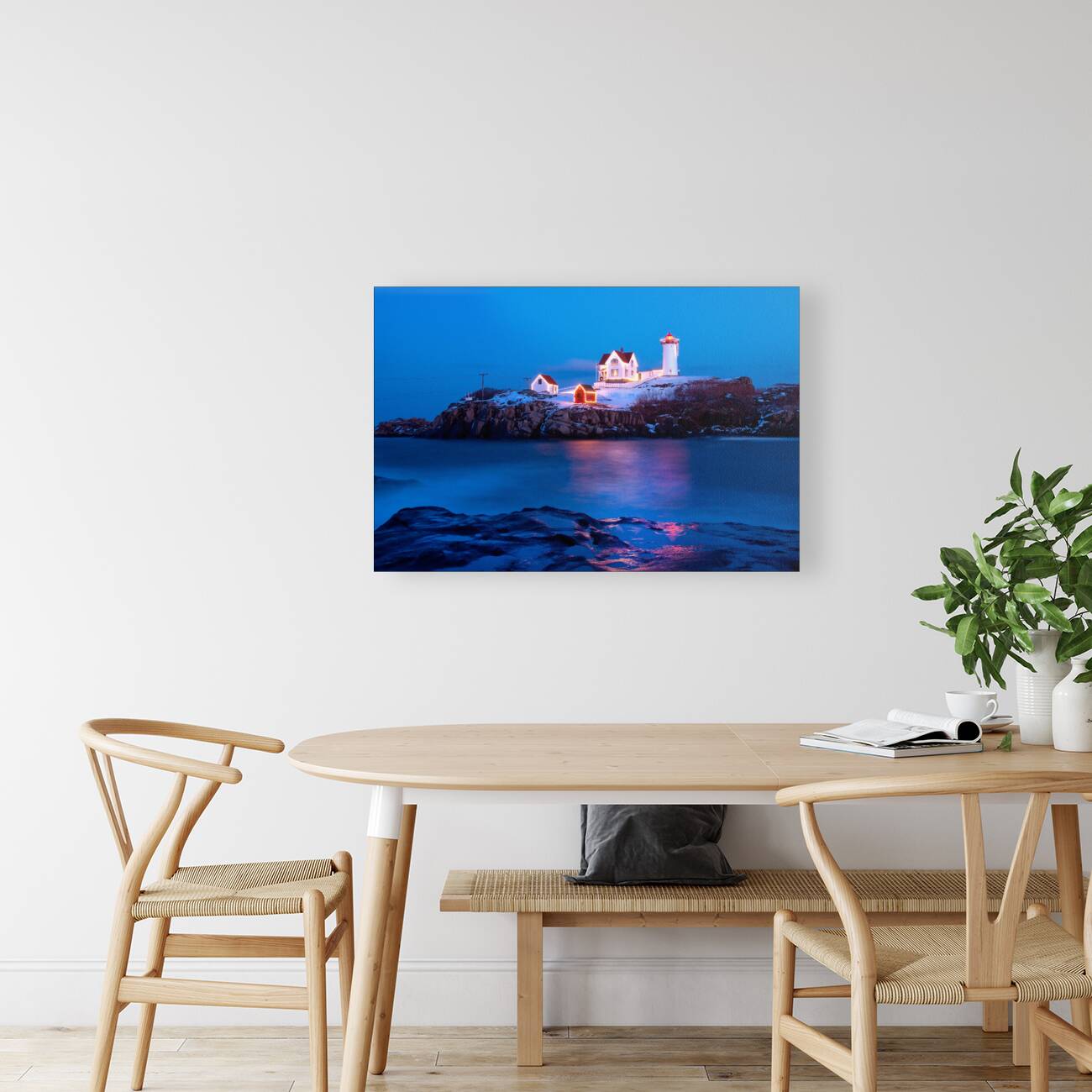 Lighted Cape Neddick Nubble Lighthouse During the Holidays in Maine Reproduction