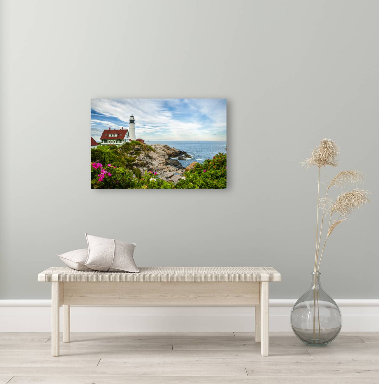Beach Roses by Portland Head Lighthouse in Maine Reproduction