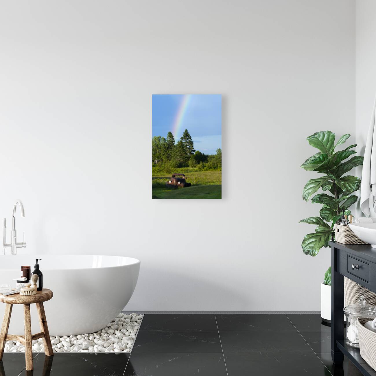 Rainbow by Old Truck in Field in Northern Maine Reproduction