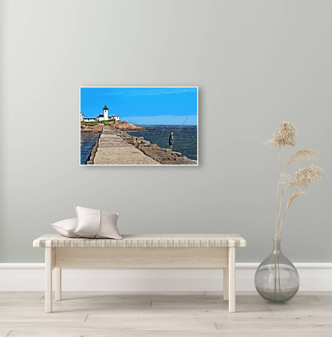 Fishing Near Eastern Point Light in Gloucester Massachusetts -Illus. Reproduction