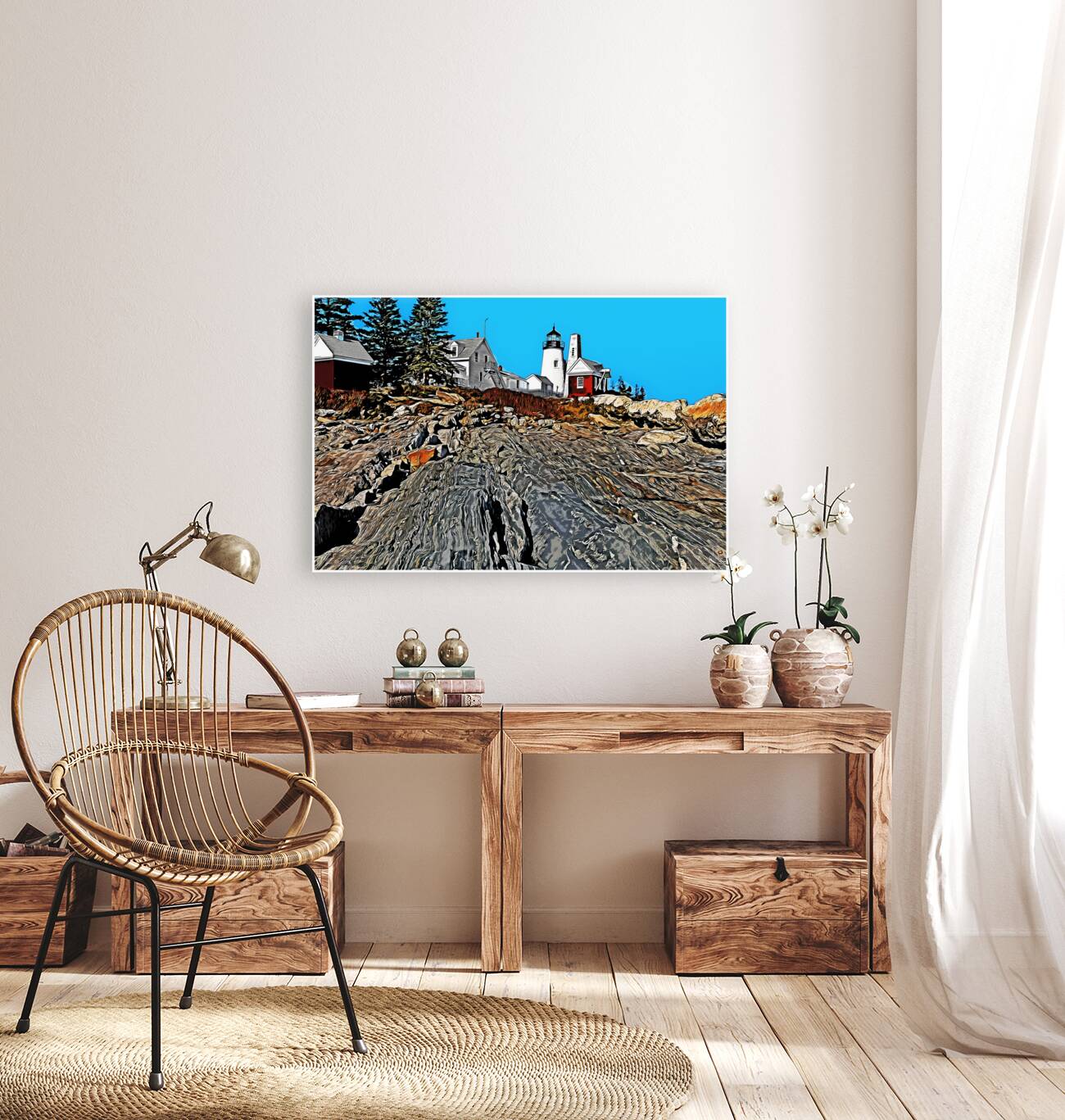 Pemaquid Lighthouse Over Rock Formations in Maine - Illus. Reproduction