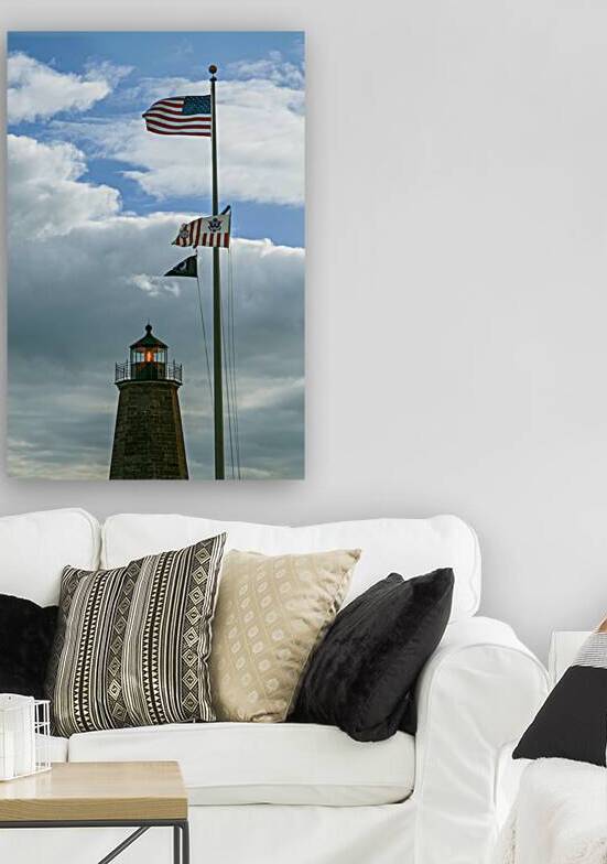 American Flags Over Point Judith Light Tower in Rhode Island by Allan Wood