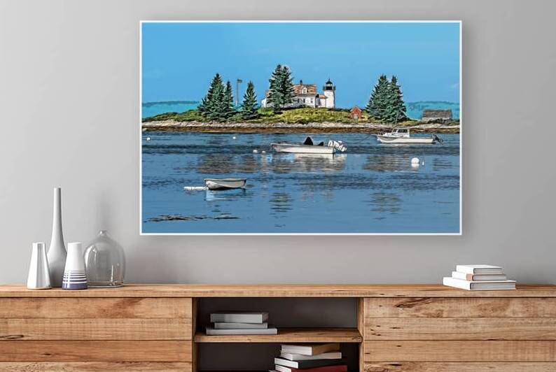 Boats Anchored by Pumpkin Island Light in Maine - Illus. by Allan Wood