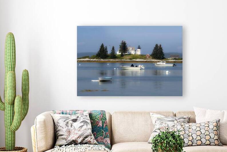 Boats Moored Around Pumpkin Island Lighthouse on a Hazy Day in Maine by Allan Wood