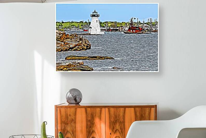 Palmer Island Light Guides Tugboat Into New Bedford Harbor in Massachusetts - Illus. by Allan Wood