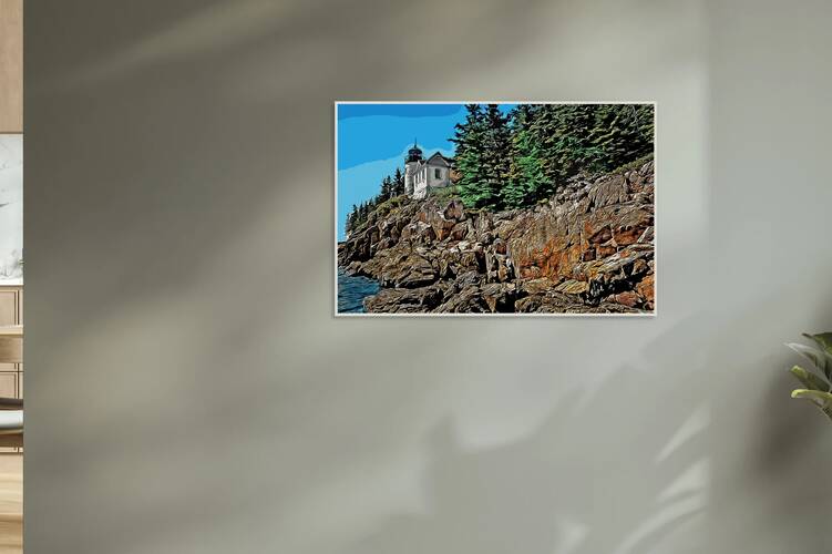 Rocky Cliffs Lead to Bass Harbor Lighthouse in Acadia Park in Maine - Illus. by Allan Wood