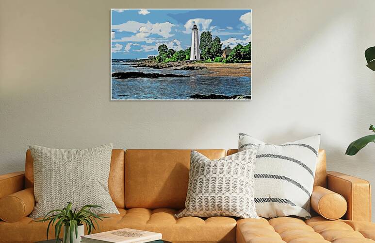 Five Mile Point Lighthouse with White Puffy Clouds in Connecticut - Illus. by Allan Wood