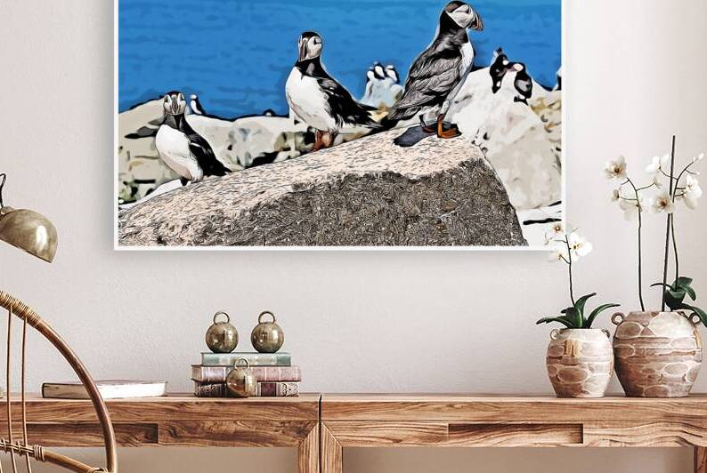 Three Atlantic Puffins on Rocky Island in Maine - Illus. by Allan Wood