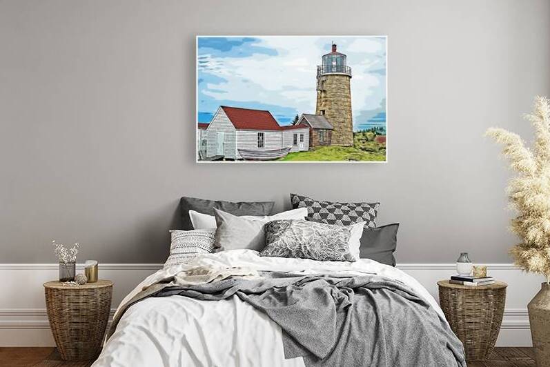 Monhegan Island Lighthouse Stone Tower in Overcast Day in Maine - Illus. by Allan Wood