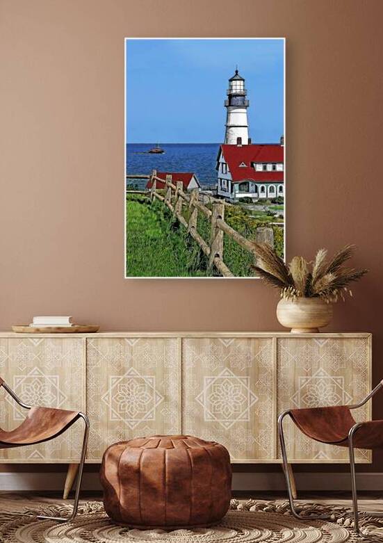 Wooden Fence by Portland Head Lighthouse Guiding Tugboat in Maine - Illus. by Allan Wood