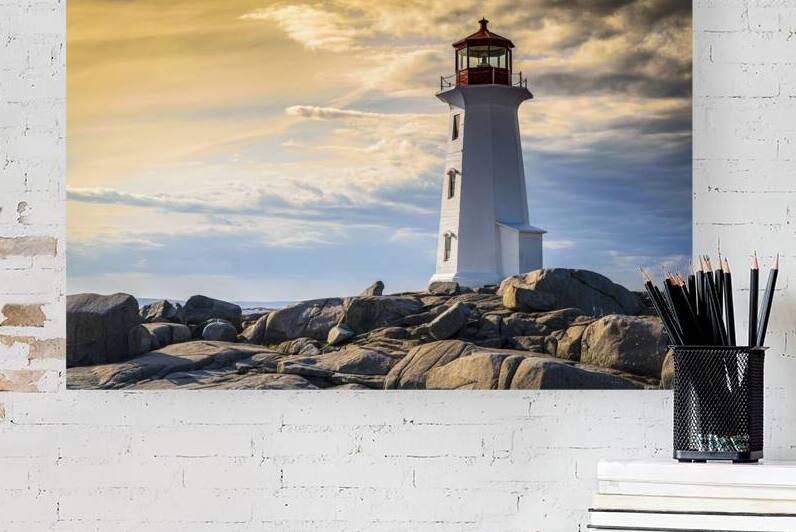 Peggys Cove Lighthouse With Dramatic Sunset in Nova Scotia in Canada by Allan Wood