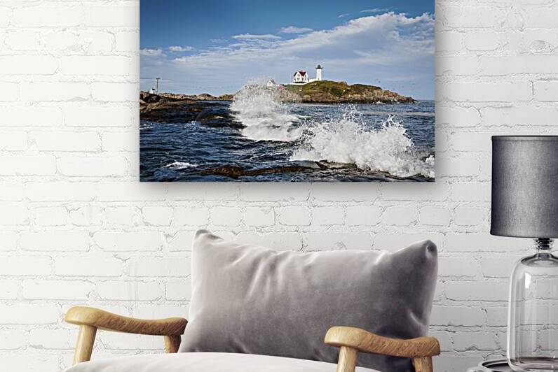 Surf Crashing by Cape Neddick Nubble Lighthouse in Maine by Allan Wood