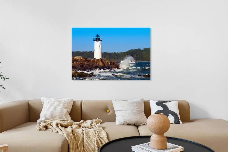 Portsmouth Harbor Light Guides Fishing Boat in Raging Surf in New Hampshire by Allan Wood