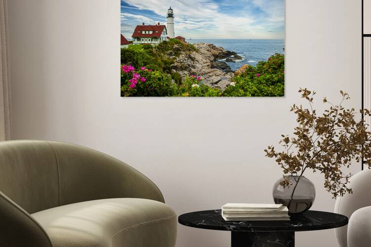 Beach Roses by Portland Head Lighthouse in Maine Reproduction