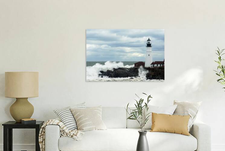 Waves Crash By Portland Lighthouse Under Storm Clouds in Maine - B&W by Allan Wood
