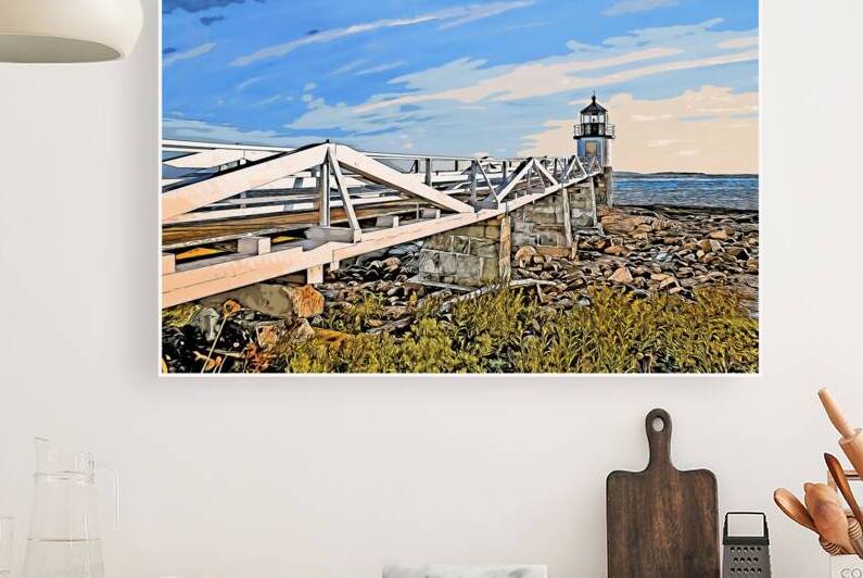 Wooden Walkway Leads to Marshall Point Light at Sunset in Maine - Illus. by Allan Wood