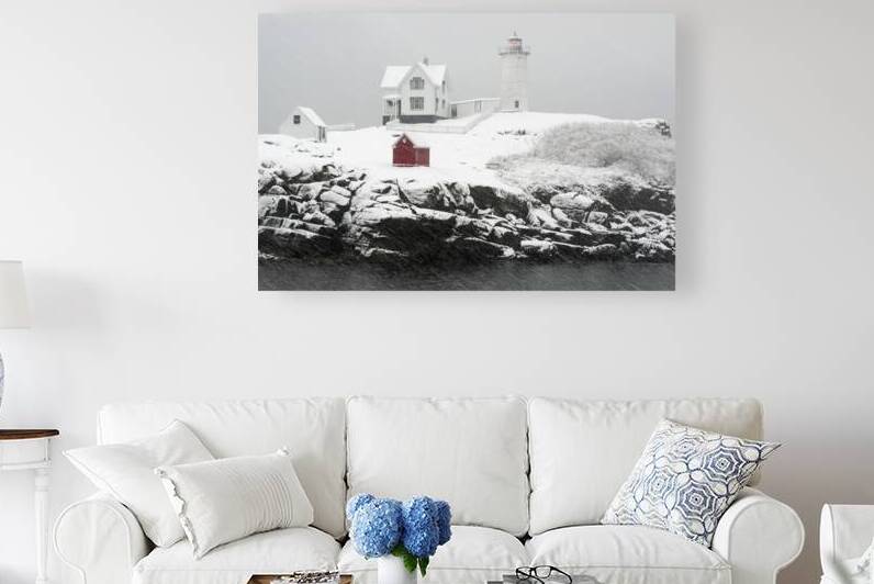 Nubble Cape Neddick Lighthouse in Snowstorm in Maine - B&W by Allan Wood