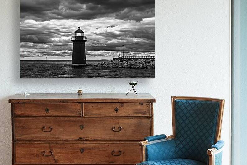 Dark Clouds Around the Black Tower of Tongue Point Light in Bridgeport Connecticut -B&W by Allan Wood