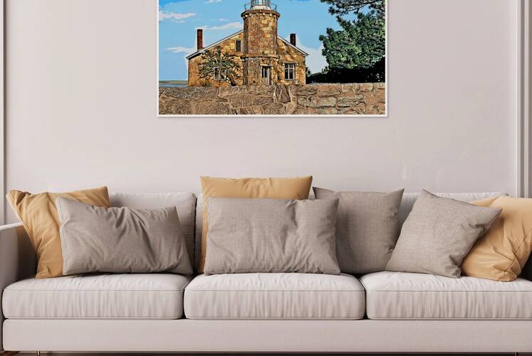 Stonington Harbor Lighthouse Behind Stone Wall in Connecticut - Illus. by Allan Wood