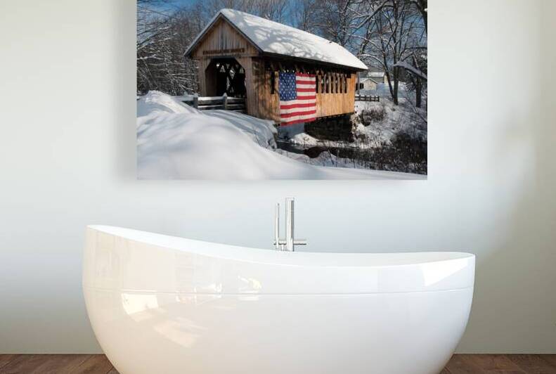 Patriotic Snow-Covered Bridge with American Flag in New Hampshire Winter by Allan Wood