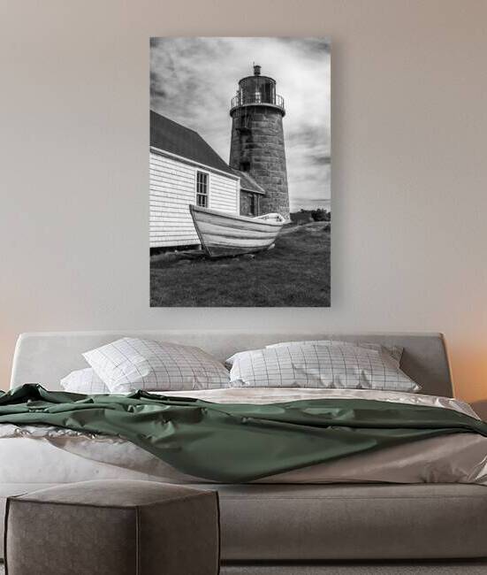 Rowboat by Stone Tower of Monhegan Island Light in Maine - B&W by Allan Wood