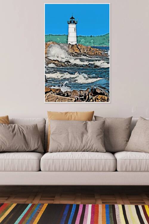 Haunted Portsmouth Lighthouse by Rocky Shoreline in New Hampshire - Illus. by Allan Wood