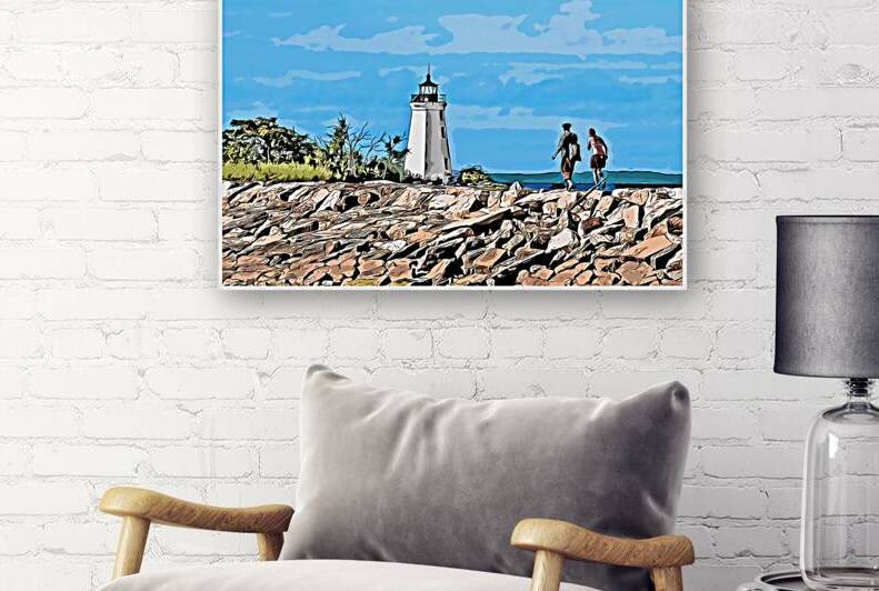 Hiking Along Rocky Jetty to Black Rock Lighthouse in Connecticut - Illus. by Allan Wood