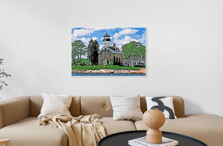 Morgan Point Lighthouse on a Sunny Day with Puffy Clouds in Connecticut - Illus. by Allan Wood