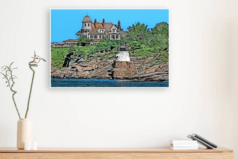 Castle Hill Lighthouse with Castle Hill Inn in Rhode Island - Illus. by Allan Wood
