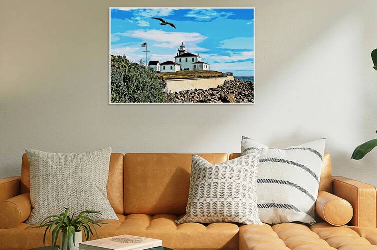 Watch Hill Lighthouse at Sunset as Seabird Flies By  in Rhode Island - Illus. by Allan Wood