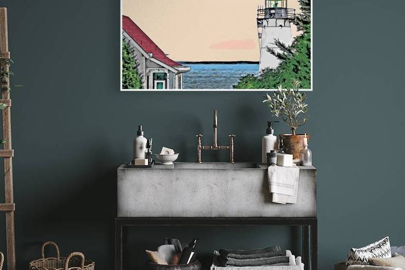 Sunset at Warwick Harbor Lighthouse in Rhode Island - Illus. by Allan Wood