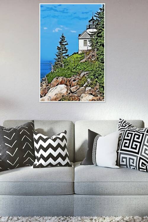 Bass Harbor Lighthouse Over Rocky Cliffs in Acadia Park in Maine - Illus. by Allan Wood