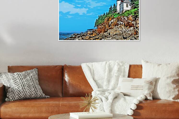 Bass Harbor Lighthouse Over Rocky Cliffs in Northern Maine -Illus. by Allan Wood