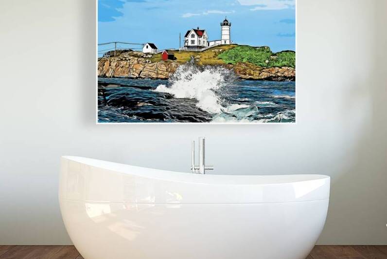 Wave Breaks By Cape Neddick Lighthouse in Maine -Illus. by Allan Wood