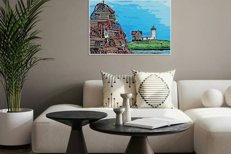 Nubble Light Near Lobster Trap Holiday Tree in Maine -Illus. by Allan Wood