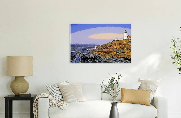 Early Dawn Surrounds Pemaquid Point Lighthouse Over Rocky Cliffs in Maine - Illus. by Allan Wood