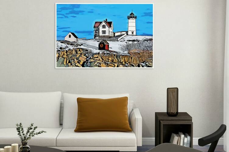 Snow Covered Nubble Lighthouse During Holidays in Maine - Illus. by Allan Wood