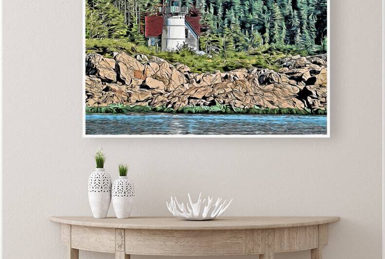 Little River Lighthouse Surrounded by Evergreens in Northern Maine - Illus. by Allan Wood