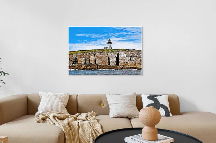 Pond Island Lighthouse Over Rocky Cliffs in Maine - Illus. by Allan Wood