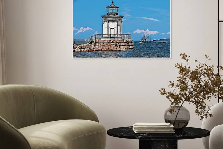 Fishing Boat By Portland Breakwater Lighthouse in Maine - Illus. by Allan Wood