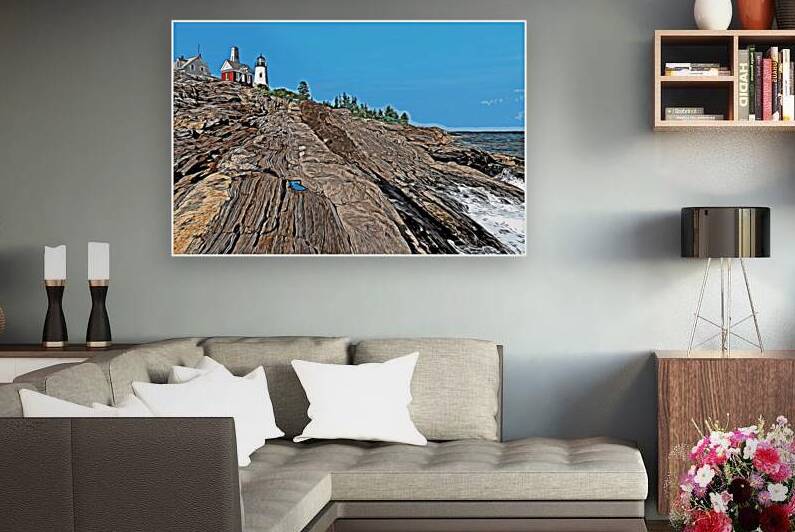 Rock Formations Lead Up to Pemaquid Lighthouse Along Maine Coastline - Illus. by Allan Wood