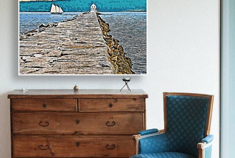 Rockland Lighthouse at End of Long Breakwater in Maine - Illus. by Allan Wood