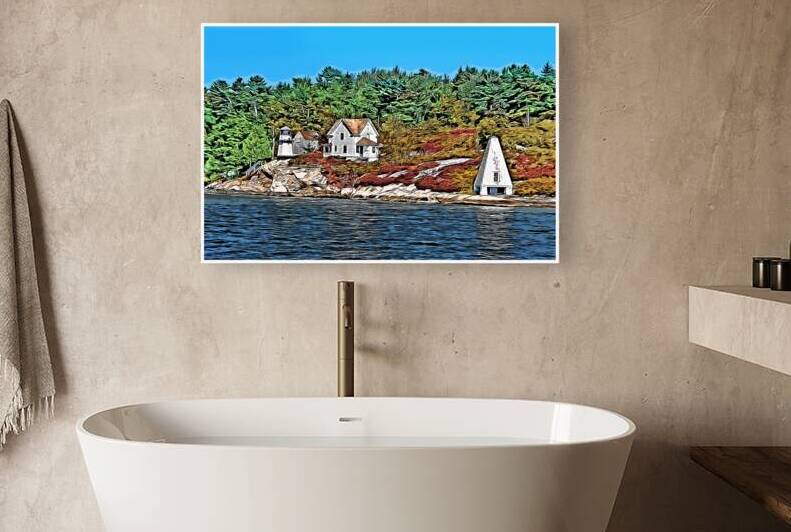 Perkins Island Light in Autumn on Kennebec River in Maine - Illus. by Allan Wood