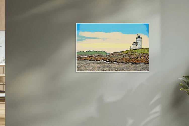 Early Dawn at Two Bush Island Light Tower Among Rocky Islands in Midcoast Maine - Illus. by Allan Wood