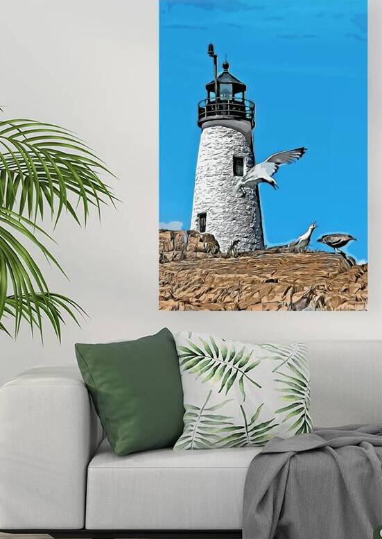 Seabirds Guarding Nest by Wood Island Light in Maine - Illus. by Allan Wood