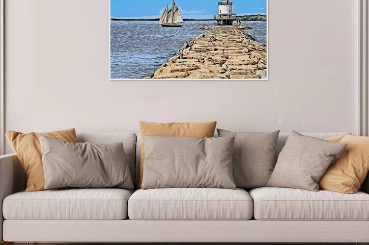 Sailing Ship Passes Spring Point Ledge Light at End of Breakwater in Maine - Illus. by Allan Wood